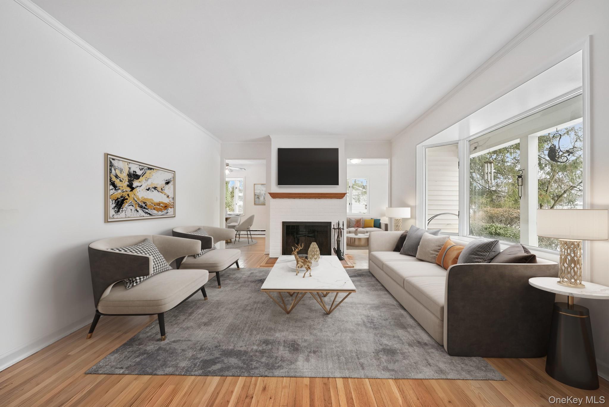 33 Overlook Road Ardsley, NY 10502 - Photo 3 of 32 a living room with furniture a fireplace and a large window