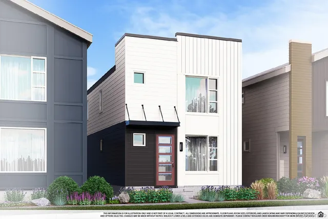 a front view of a house with a yard and potted plants