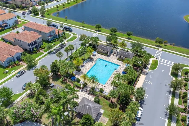 an aerial view of a city with lake view