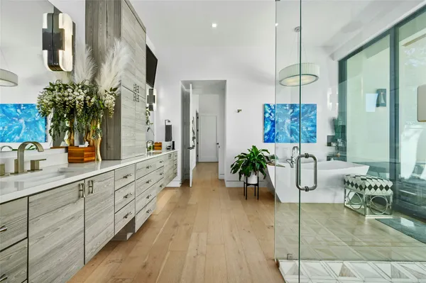 a hallway with view of living room and furniture