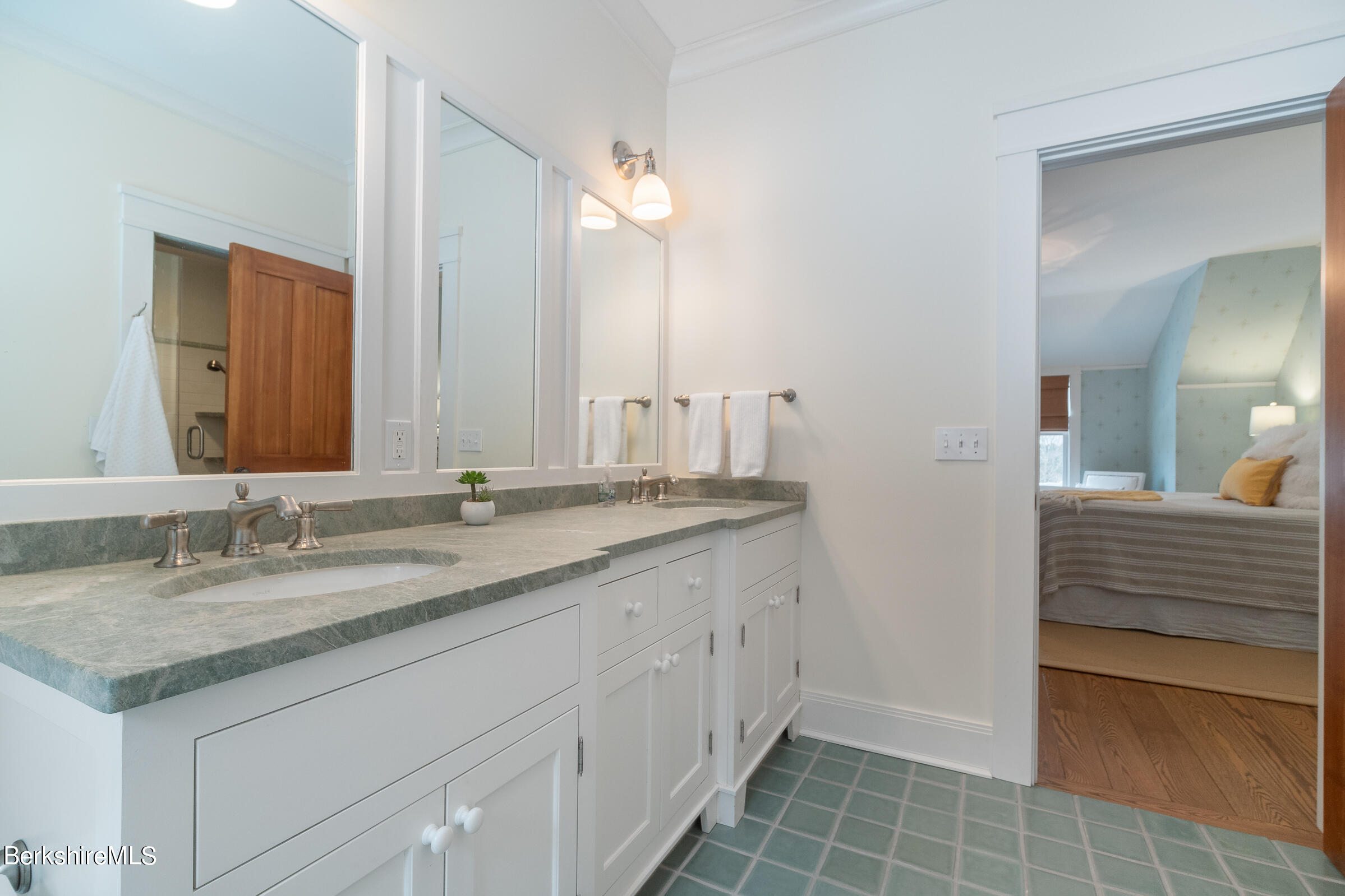 707 Stratford Road New Marlborough, MA 01259 - Photo 50 of 72 a bathroom with a granite countertop sink and a mirror