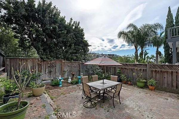 a garden view with a seating space