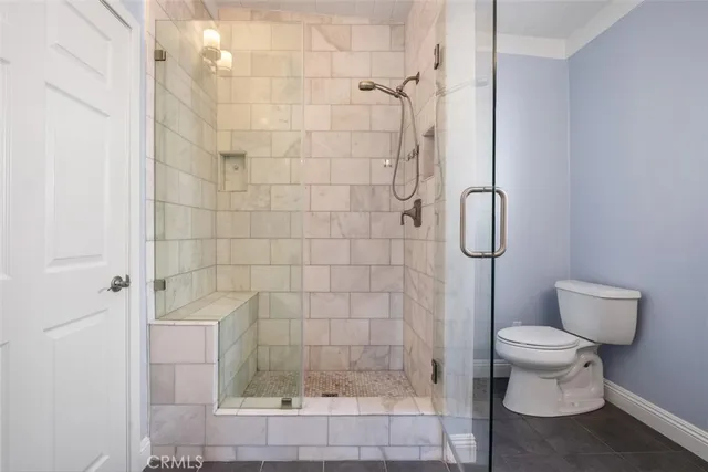 a bathroom with a shower and a toilet