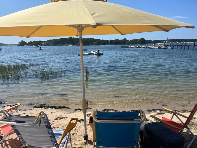 a view of a lake with a patio
