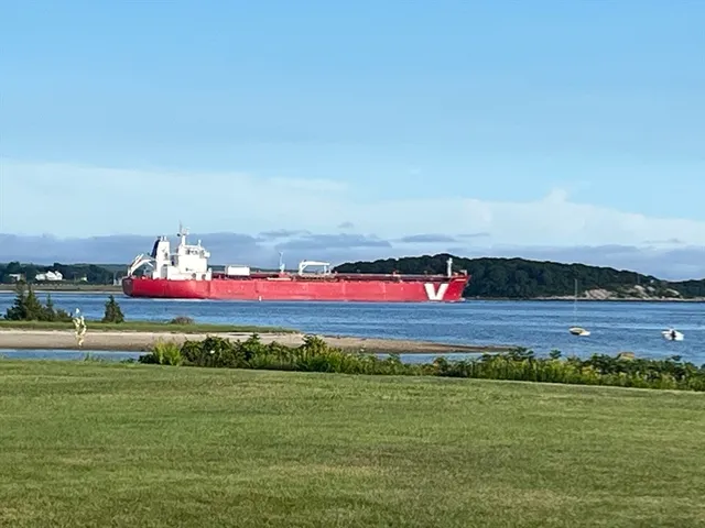 a view of a lake with houses in the back