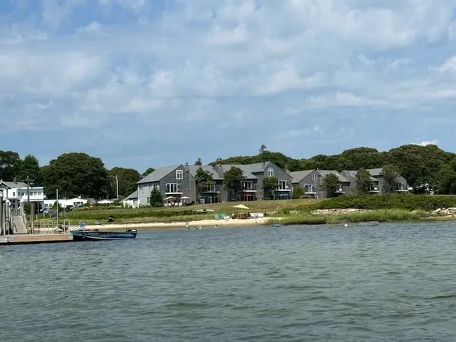 a view of an ocean with boats and trees