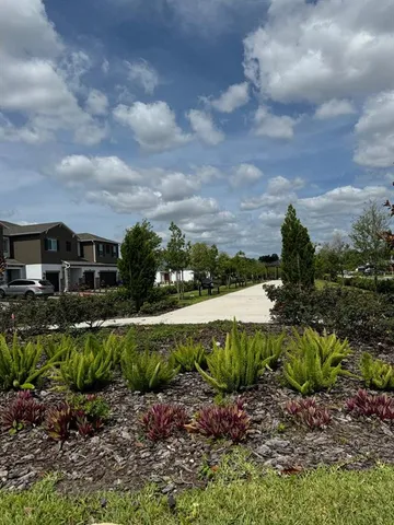 a view of a garden with a pathway