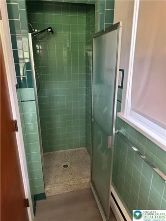 a bathroom with a shower and a sink