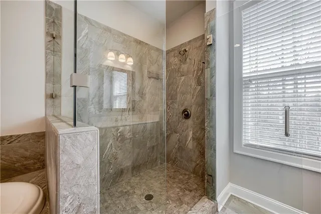 a bathroom with a shower and a toilet