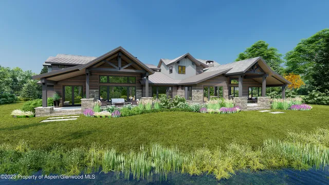 a front view of a house with swimming pool having outdoor seating