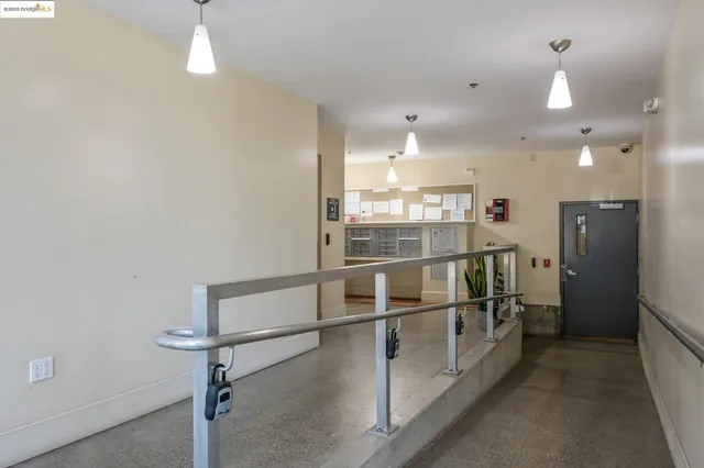 a kitchen with counter top space and refrigerator