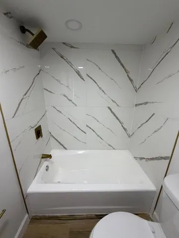 a bathroom with a toilet and a bath tub