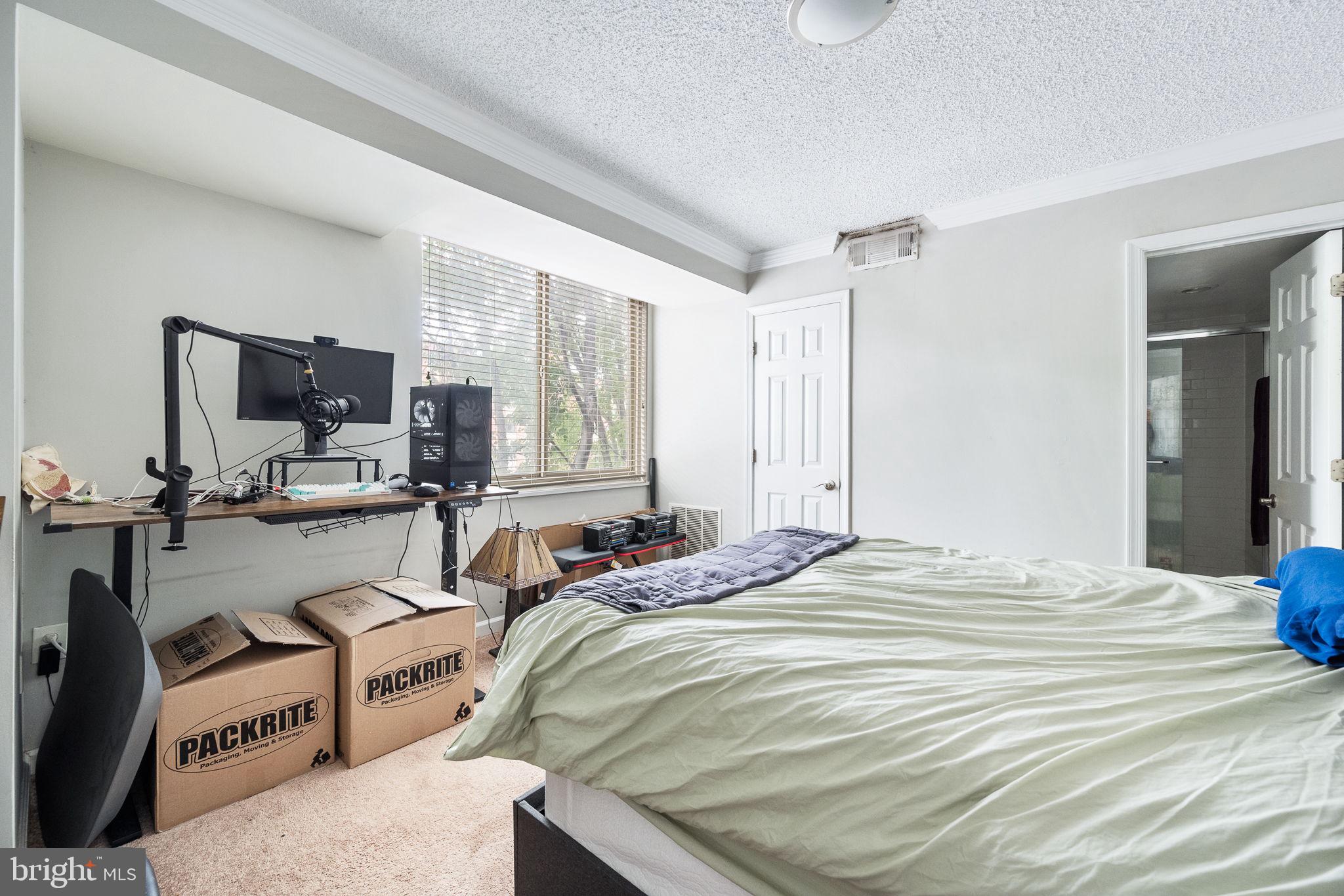 1515 South Arlington Ridge Road, Unit 303 Arlington, VA 22202 - Photo 12 of 34 a bedroom with a bed a large window and flat screen tv