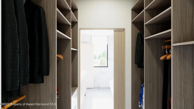 a view of walk in closet with clothes and shoes