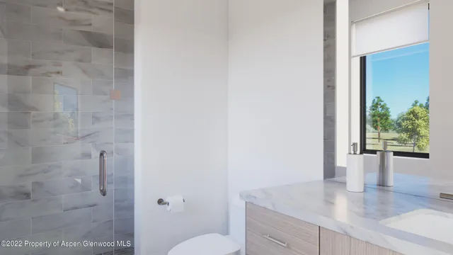 a bathroom with a granite countertop sink a toilet and shower