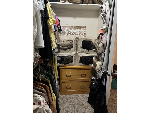 a view of walk in closet with clothes and shoes