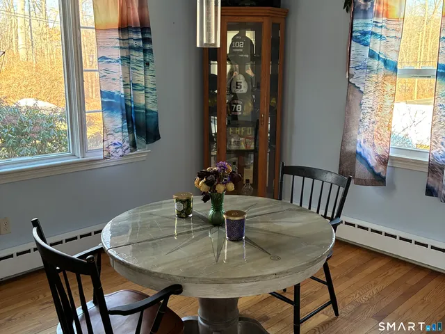a view of a dining room with furniture and window