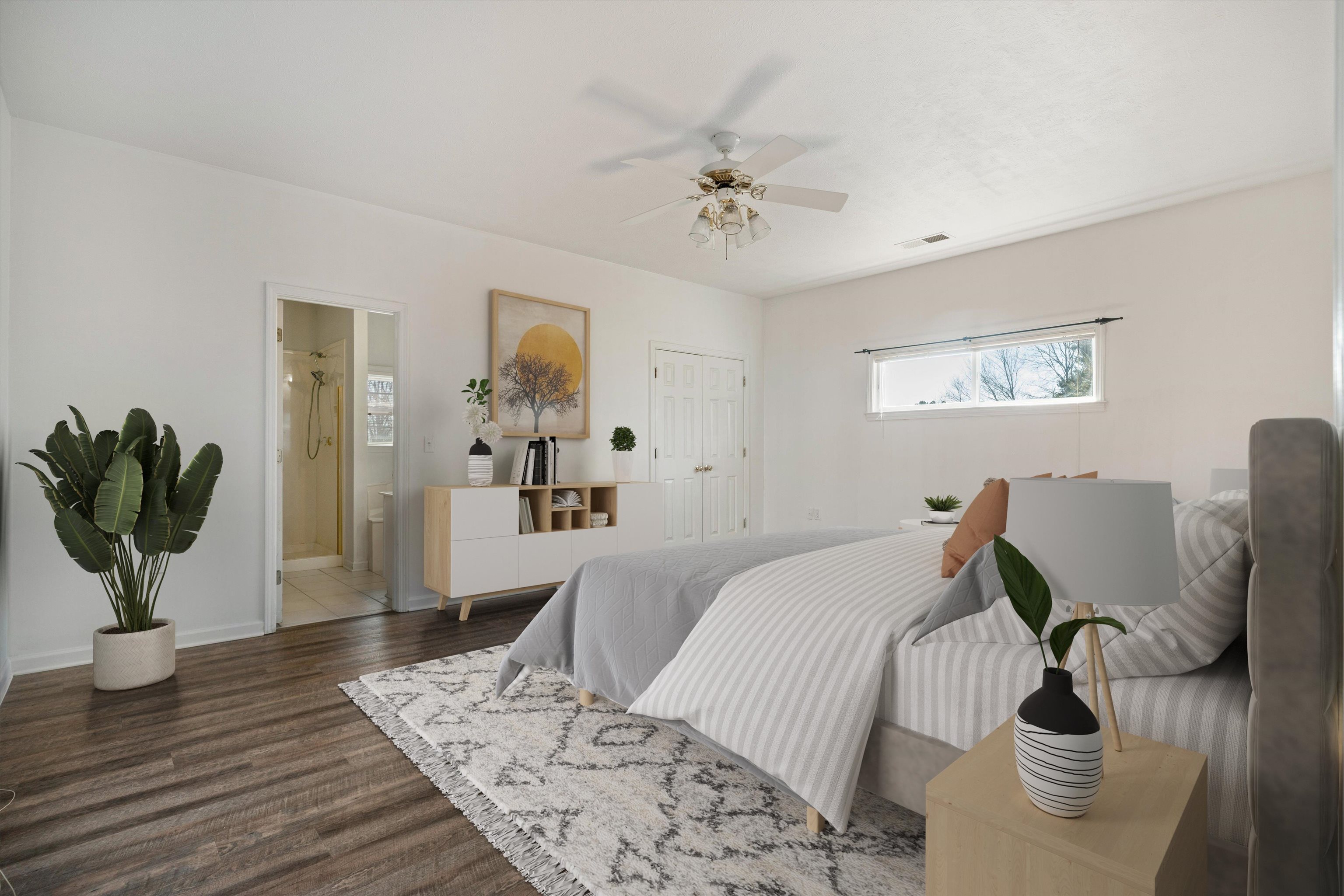 130 Belmont Road Mason, TN 38049 - Photo 15 of 24 Bedroom featuring ceiling fan, dark hardwood / wood-style floors, and ensuite bath
