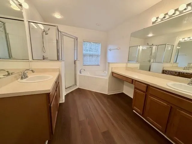 a bathroom with a sink a large mirror and a shower