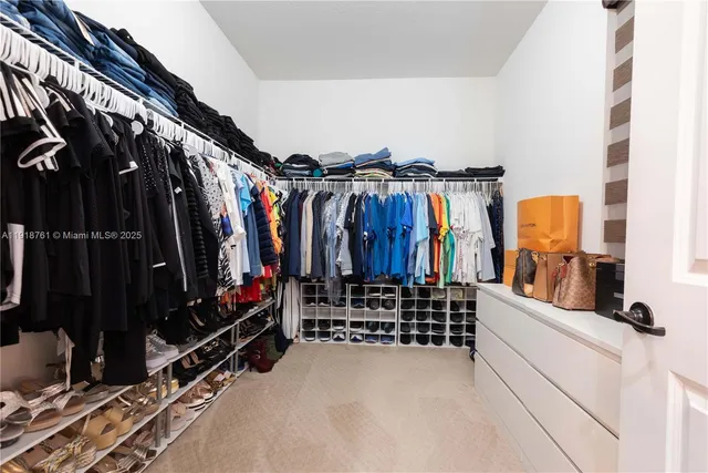 a view of walk in closet with clothes and shoes
