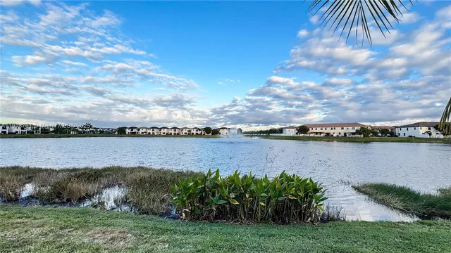 a view of a lake with a city