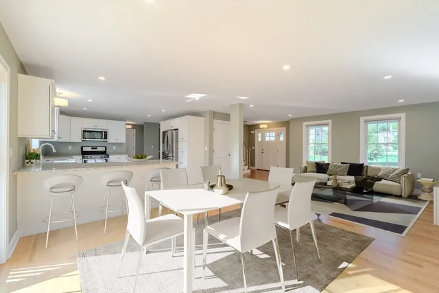 a view of a dining room with furniture