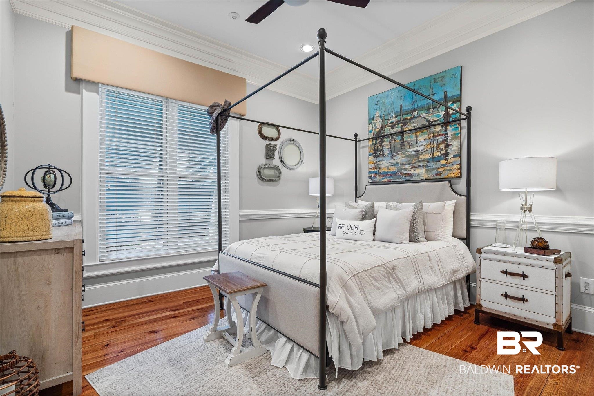 7015 Bay Road Mobile, AL 36605 - Photo 25 of 53 Bedroom with crown molding, wood finished floors, ceiling fan, and recessed lighting