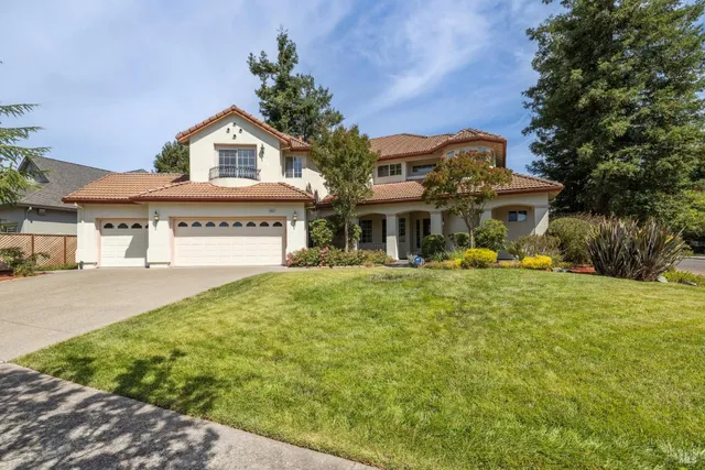 a view of a white house with a yard plants and large tree