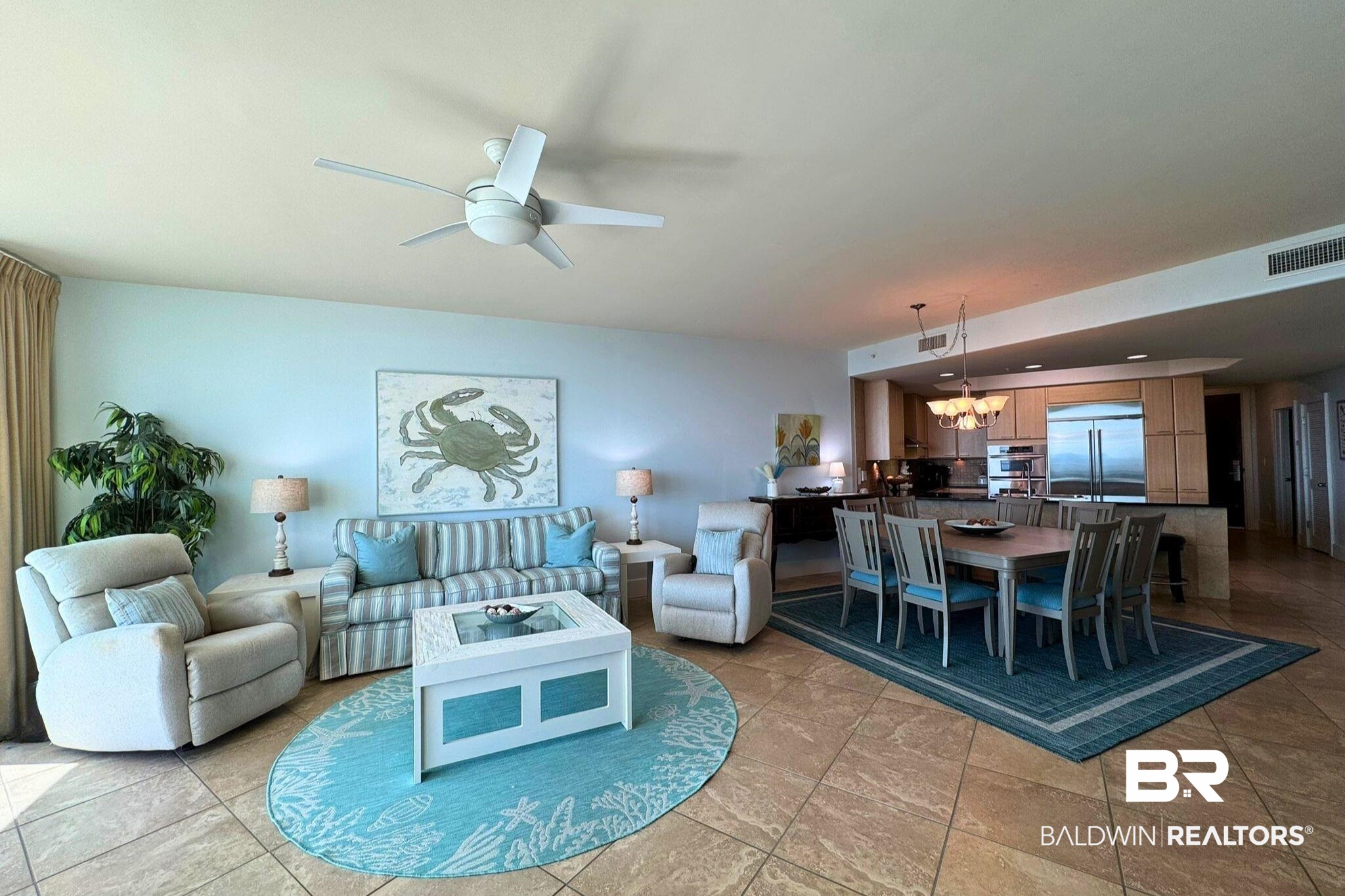 28107 Perdido Beach Boulevard, Unit D714 Orange Beach, AL 36561 - Photo 8 of 88 Living area with visible vents and ceiling fan with notable chandelier