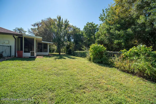 a view of a yard with plants and trees