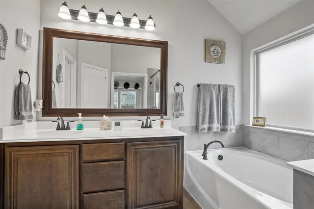 a bathroom with a double vanity sink mirror and bathtub