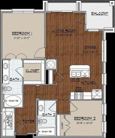 a kitchen with stainless steel appliances granite countertop a stove a refrigerator a sink dishwasher a dining table and chairs with wooden floor