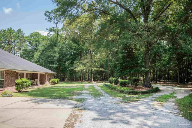a view of a house with a yard and large trees