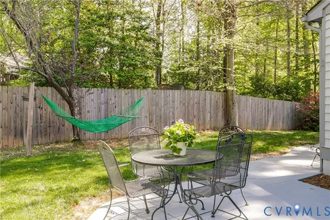 a garden view with a seating space