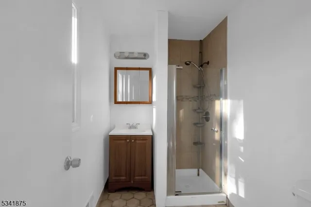 a bathroom with a shower and a sink