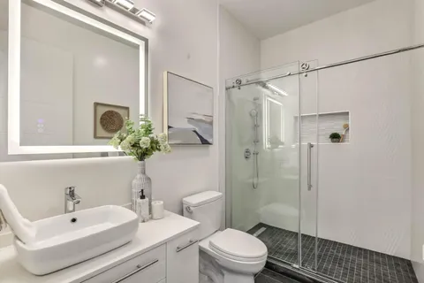 a bathroom with a sink toilet a shower and a mirror