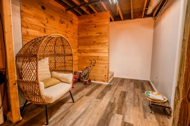 a view of a room with racks on the wall