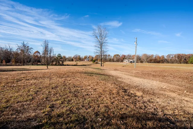 a view of yard with ocean and trees in the background