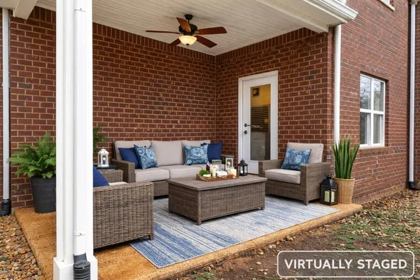 a building outdoor space with patio furniture