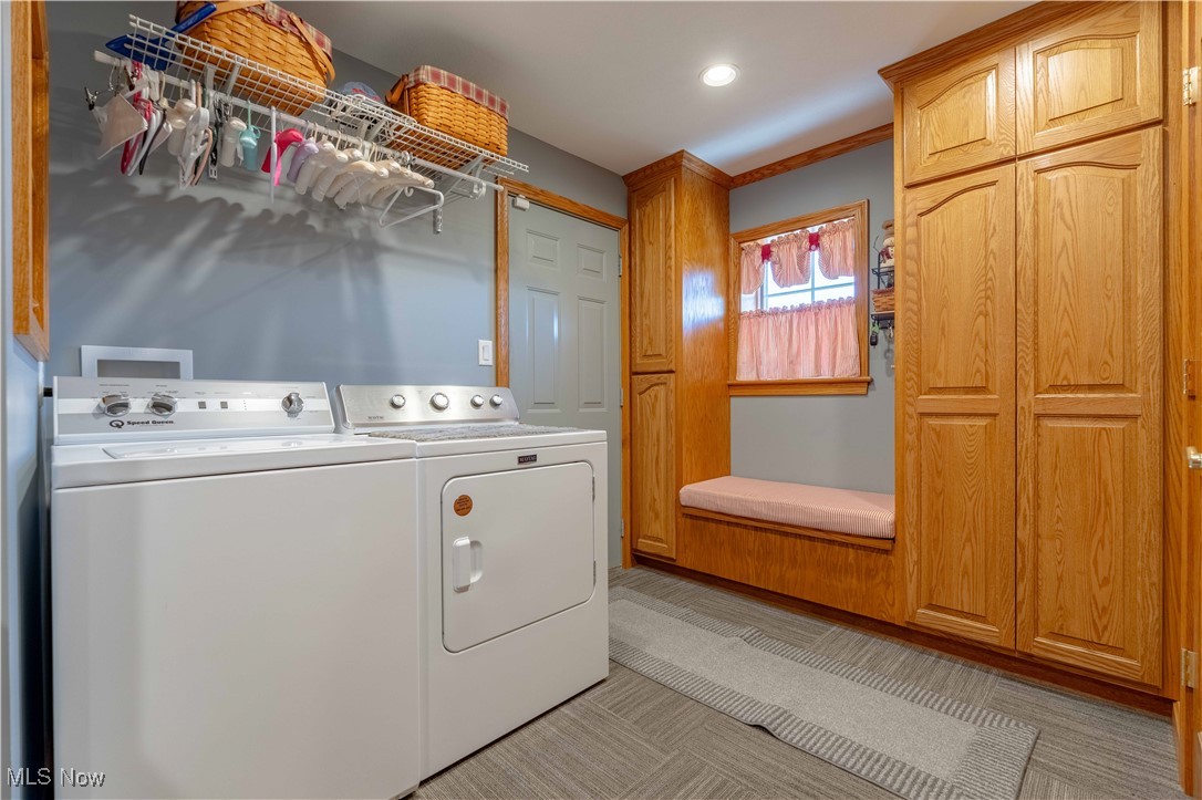90480 Kilgore Ridge Road Scio, OH 43988 - Photo 22 of 39 Washroom with washing machine and clothes dryer, light colored carpet, and recessed lighting