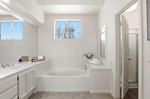a bathroom with a bathtub a sink and mirror
