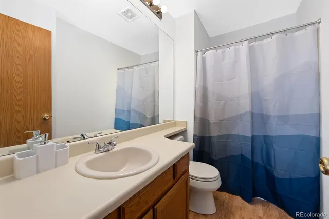 a bathroom with a sink a toilet and shower curtain