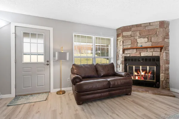 a living room with furniture and a fireplace