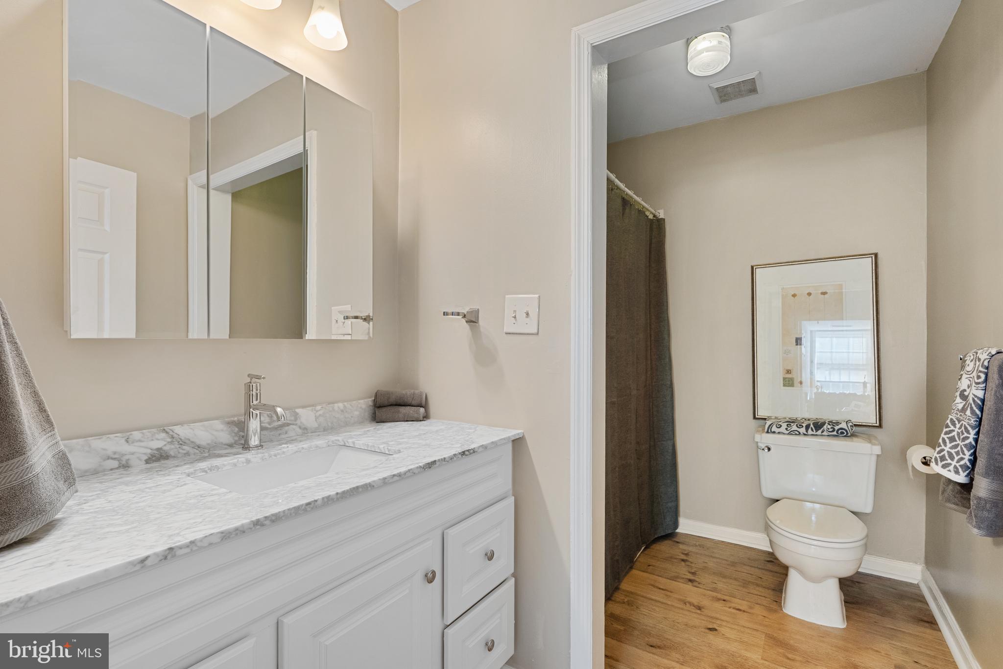 6202 State Street Cheverly, MD 20785 - Photo 31 of 34 a bathroom with a granite countertop sink a toilet and a mirror