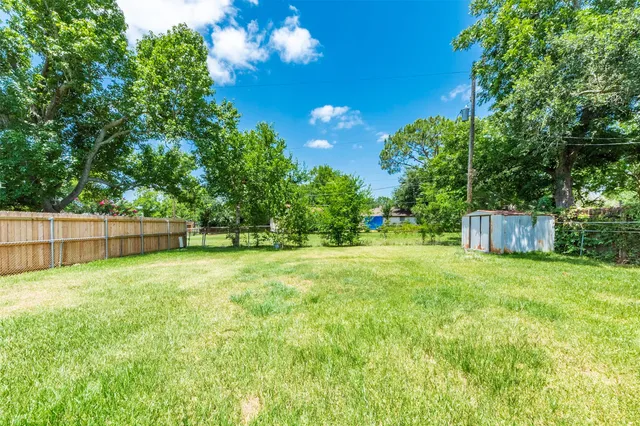 a backyard of a house with plants and large trees