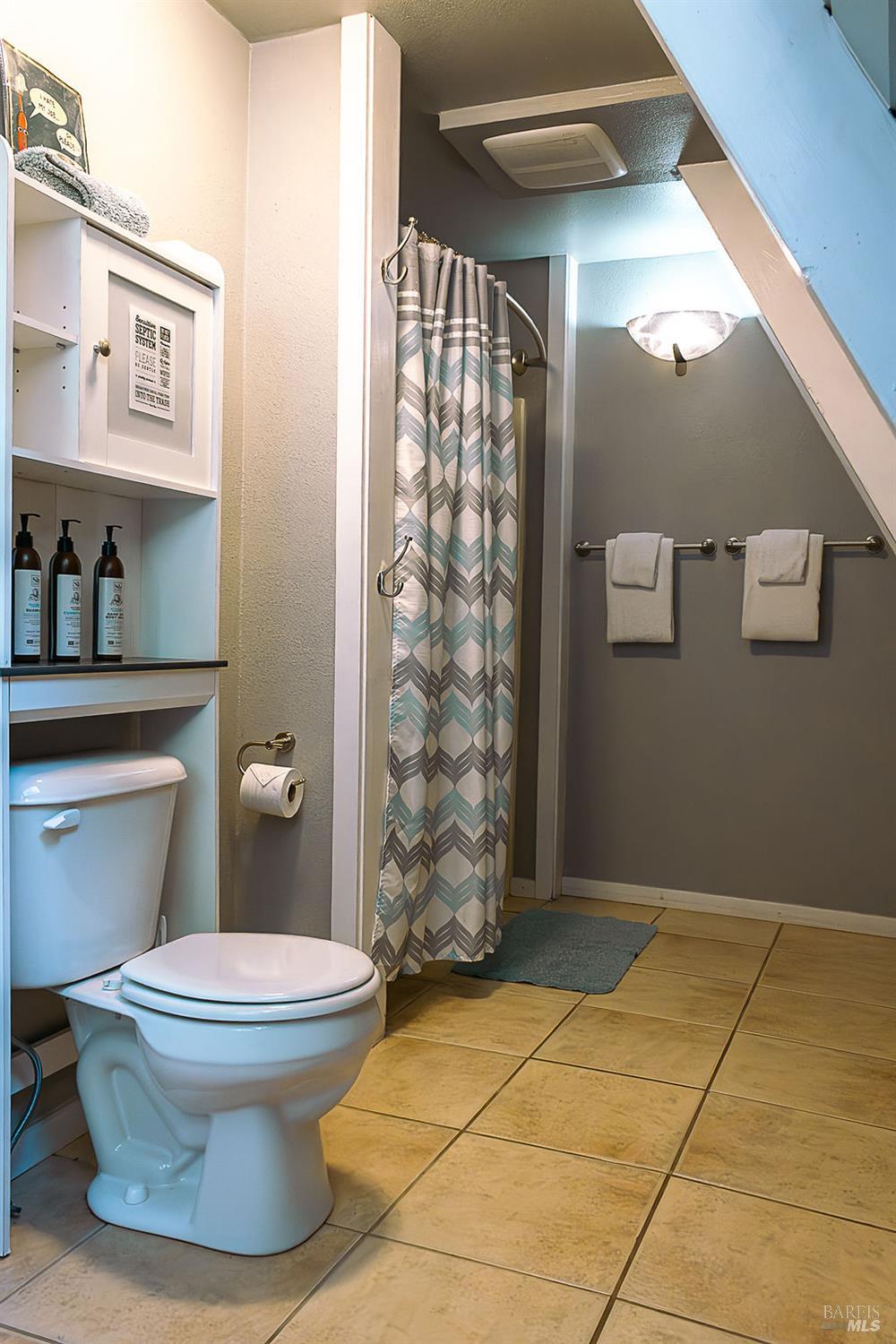 46151 Pacific Woods Road Gualala, CA 95445 - Photo 15 of 25 a white toilet sitting next to a bathroom sink and a shower