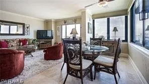 a view of a dining room with furniture window and outside view