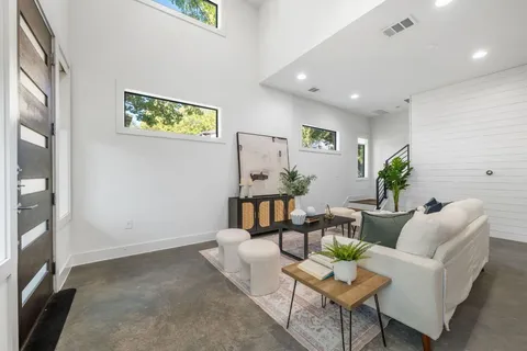 a living room with furniture and a potted plant