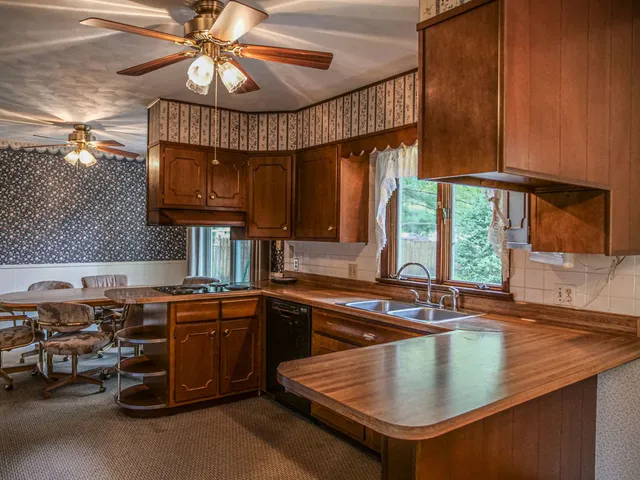 a kitchen with a sink a counter and cabinets