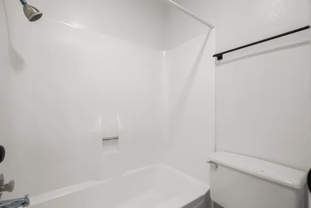 a bathroom with a shower and a toilet